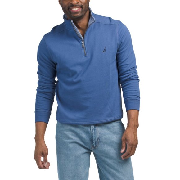 NAUTICA Union Blue Heathered Back Ribbed Knit Quarter Zip Sweatshirt - Picture 1 of 2